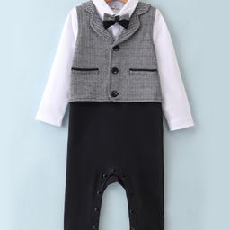Mark & Mia Full Sleeves Party Wear Romper with Bow Detailing & Yarn Dyed Checks Waist Coat - Grey & Black-picture-26
