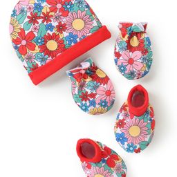 Babyhug 100% Cotton Cap Mittens & Booties Set Floral Print - Multicolour-image-14