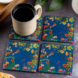 Kolorobia Floral Bliss Blue Inspired Square Glass Coasters - Blue-image-85
