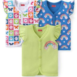 Babyhug 100% Cotton Knit Cap Sleeves Vests Floral & Rainbow Print Pack of 3 - Multicolour-image-85