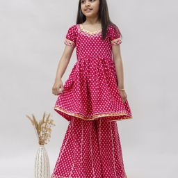 FlyFinns Cotton Half Sleeves Floral Motif Printed & Gota Lace Embellished Kurta & Sharara Set - Pink-picture-1