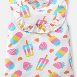 Babyhug Cotton Knit Sleeveless Top with Ice Cream Print & Frill Detailing - White-image-78