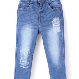 Babyhug Full Length Denim Jeans With Text Print - Blue-image-82