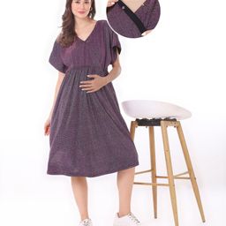 Bella Mama Knit Short Sleeves  Front Overlapping Shimmered Maternity Dress -Wine-image-8