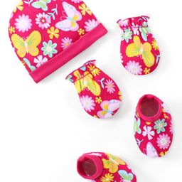 Babyhug 100% Cotton Interlock Knit Cap Mittens & Booties Set with Floral Print - Pink-image-86