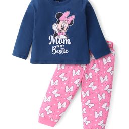 Babyhug Disney Cotton Knit Full Sleeves Night Suit with Minnie  Mouse Print - Navy Blue & Pink-image-55