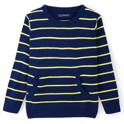 Pine Kids Knitted Full Sleeves Pullover Sweater with Stripes & Kangaroo Pockets - Navy Blue-image-72