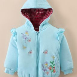 CUCUMBER Sinker Knit Full Sleeves Hooded Jacket with Frill Detailing Floral Embroidery - Ice Blue-image-94