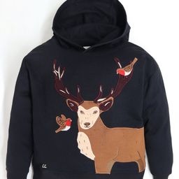 Cherry Crumble By Nitt Hyman Full Sleeves Reindeer & Birds Embroidered Hooded Sweatshirt - Black-picture-19