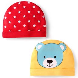 Babyhug 100% Cotton Caps with Polka Dots & Bear Print Pack of 2 - Red & Yellow-image-89