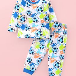 Babyhug Cotton Knit Full Sleeves Night Suit With Footballs Print - Off White-image-58