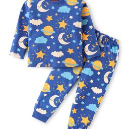 Babyhug Cotton Knit Full Sleeves Round Neck Space Theme Printed Night Suit - Navy Blue-image-5