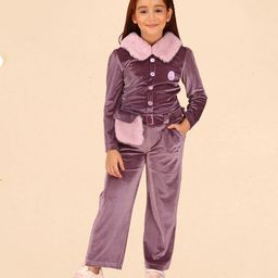 Cutecumber Full Sleeves Chenille & Fur Collar Coordinating Top With Pant Set - Purple-picture-4