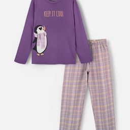 Nap Chief Pure Cotton Knit Full Sleeves Penguin Flannel Printed Night Suit Set - Violet-image-64