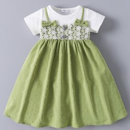 Mark & Mia Half Sleeves Frock with Floral Embroidery & Bow Applique - Green-image-54