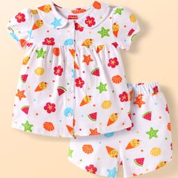 Babyhug Cotton Knit Half Sleeves Shorts Night Suit With Floral & Fruit Print - White-image-86