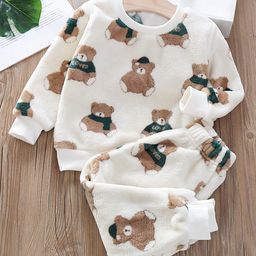 Babymoon Velvet Knit Full Sleeves Bear Printed Coordinating Tee & Pajama Set - White-image-20