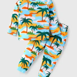 Babyhug Cotton Knit Full Sleeves Night Suit with Tropical Theme Print - Multicolor-picture-35