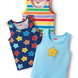 Babyhug 100 % Cotton Sleeveless Star Printed & Striped Vests Pack Of 3 - Light Blue Yellow & Navy Blue-image-73