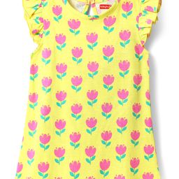 Babyhug Cotton Knit Frill Sleeves A Line Nighty with Floral Print - Yellow-image-94