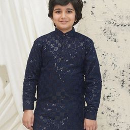 AJ Dezines Cotton Blend Full Sleeves Floral Embroidered & Sequins Embellished Kurta - Navy Blue-image-37
