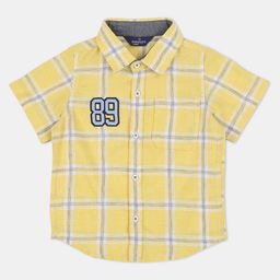 INFINITY Linen Cotton Sleeves Checked Numerical Patch Detailed Shirt - Yellow-image-50
