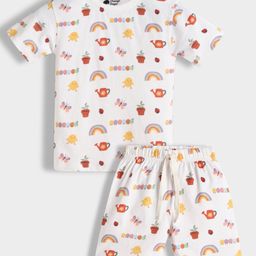 Orange Sugar 100% Cotton Knit Half Sleeves Gardening Theme Printed Coordinating Night Suit Set - White-image-80