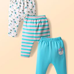 Babyhug Cotton Knit Full Length Diaper Leggings With Stripes & Unicorn Print Pack Of 3 - Light Blue & White-image-35