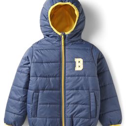 Babyhug Woven Full Sleeves Hooded Padded Jacket With Alphabet Patch - Navy Blue & Mustard-image-50