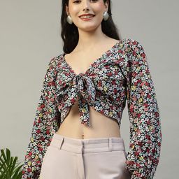 Oxolloxo Women Floral Printed V-Neck Tie-knotted Crop Top-image-111