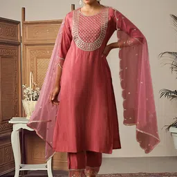 AVANSHEE Floral Yoke Design Sequinned Straight Kurta With Trousers & Dupatta-image-20