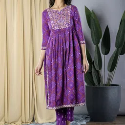 KALINI Women Floral Embroidered Regular Thread Work Pure Cotton Kurta with Trousers-image-76