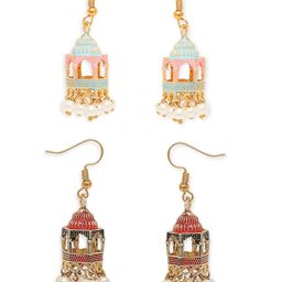 Anouk Set Of 2 Gold-Plated Artificial Studded & Beaded Meenakari Dome Shaped Jhumkas image 3