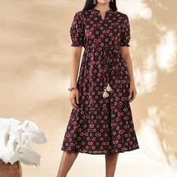 Anouk Womens Burgundy Floral Print Puff Sleeve Fit & Flare Dress-image-42