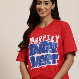 HERE&NOW Women Typography Printed Pure Cotton Longline T-shirt-image-27