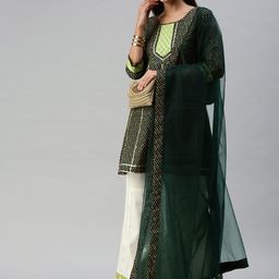 SheWill Women Green Bandhani Printed Panelled Gotta Patti Kurta with Palazzos & With Dupatta-11