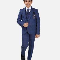Fourfolds Boys Blue Checks Full Sleeves Suit Set-image-50