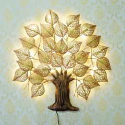 eCraftIndia Golden Leaves Tree Handcrafted Iron Wall Hanging with background LED's-image-92