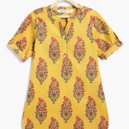 Campana Girls Yellow Cotton Floral Kurta-image-60