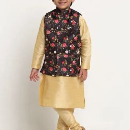 Benstoke Kids Gold & Black Floral Print Full Sleeves Kurta Set-image-63