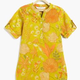 Campana Girls Lime Green Cotton Floral Kurta-image-42