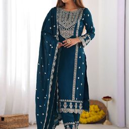 Moda Rapido Floral Embroidered Sequinned Round Neck Straight Kurta With Palazzos & Dupatta-picture-23
