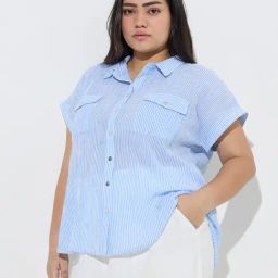 Gia by Westside Blue Stripe Printed Cotton Shirt-image-58