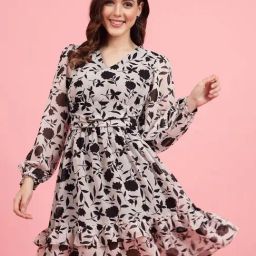 Melon by PlusS Beige Floral Print A-Line Dress-image-51