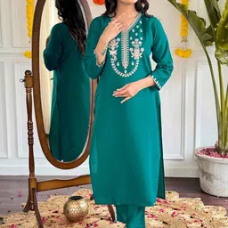 THE52 Women Ethnic Motifs Embroidered Straight Kurta with Trousers & Dupatta-24