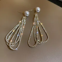 FIMBUL Gold-Plated Rhinestone Studded Teardrop Shaped Drop Earrings-48