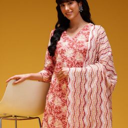 HERE&NOW Floral Print Pure Cotton Straight Kurta with Trousers & Dupatta-picture-54