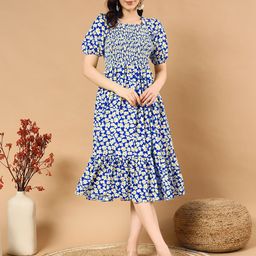 PTVIZE Women Floral Printed Puff Sleeve Crepe Fit & Flare Midi Dress-image-16