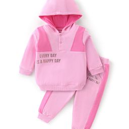 Babyhug Cotton Knit Full Sleeves Hoodie & Lounge Pant Set Text Print - Pink-image-74