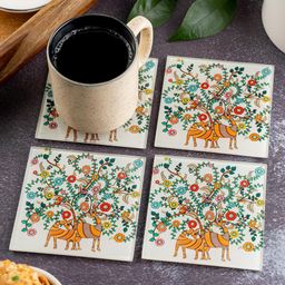 Kolorobia Madhubani Art Inspired Square Glass Coasters- White-image-32